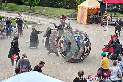 Town market on the Decin castle, Czech Republic, included a funny show called Monks play football Editorial Stock Photo