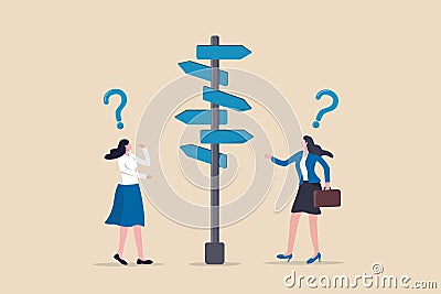 Decision choice, confusion, doubt for opportunity, challenge to choose career path, way to success or tough decision, way to solve Vector Illustration