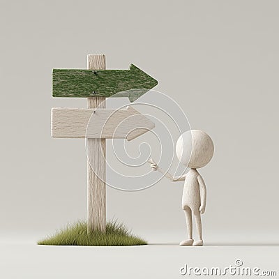 Decision making concept with simplistic figure pointing at directional signpost for guidance Stock Photo