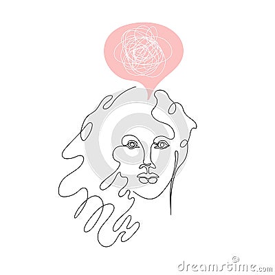 Decision making. Female face drawn in one line. Vector Illustration
