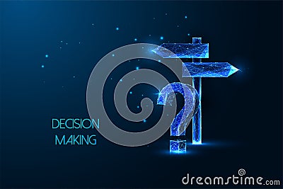 Decision making, problem solving futuristic concept with direction signpost and question mark Vector Illustration