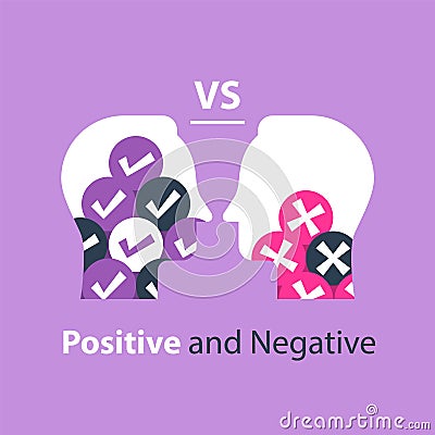 Decision making, pros and cons, versus concept, opinion poll sociology, argumentation dialog, two sides Vector Illustration