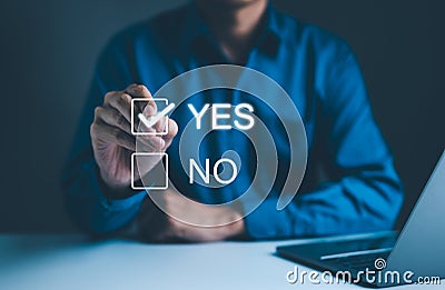Decision-Making with Yes or No Choice Checkbox, A hand selecting Yes from a digital checkbox interface, Stock Photo