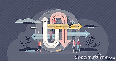 Decision path as roads with various solution options tiny person concept Vector Illustration