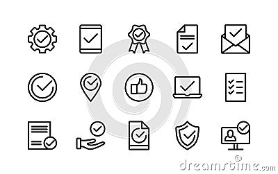 Decisions approved linear icons check. Marks confirmation contract list accepted agreements document logo. Isolated Vector Illustration