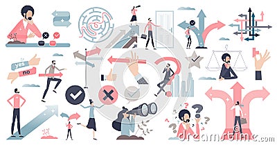 Decisions, doubt, dilemma or question elements in tiny persons collection set Vector Illustration