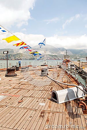 Deck of artillery cruiser Mikhail Kutuzov in the port of Novorossiysk Stock Photo