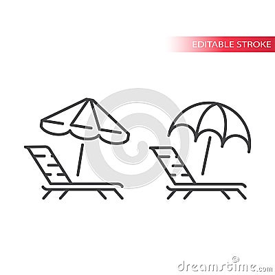 Deck chair, lounge or sun bed with beach umbrella thin line icon. Vector Illustration