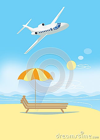 Deck chair under an umbrella on the beach on a clear sunny day. Large plane in the sky. Holidays, sea rest. Illustration Stock Photo
