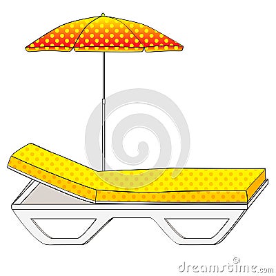 Deck chair under an umbrella on sandy beach. Object on a white background. Vintage retro style. Conceptual object Vector Illustration