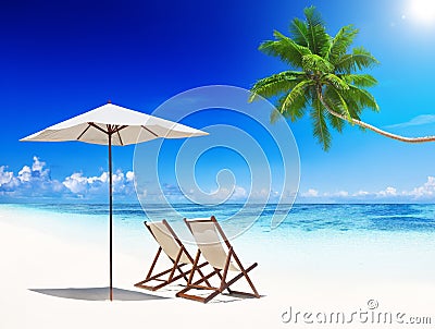 Deck Chairs Tropical Beach Summer Relax Vacation Concept Stock Photo