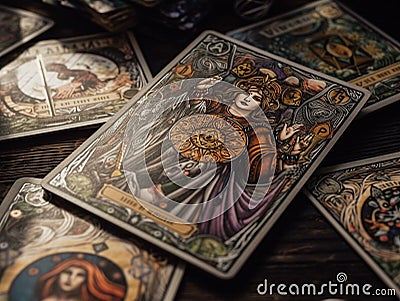 Deck of magic tarot cards closeup for divination, future prediction and fate. Generative AI Stock Photo