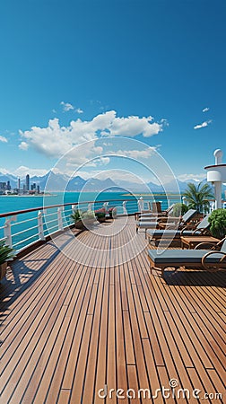 Deck panorama, Cruise ship view, clipart-style nautical scene brought to illustration Cartoon Illustration