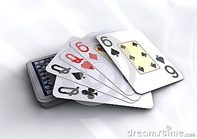 Deck of poker cards revealing full house hand. Stock Photo