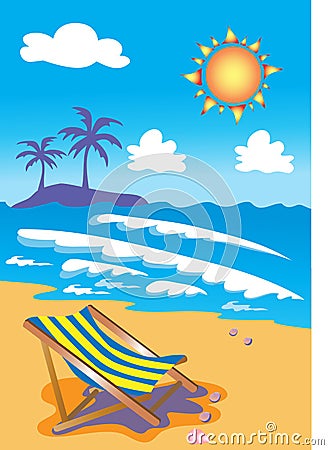 Deckchair on tropical sunny beach Cartoon Illustration