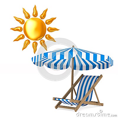 Deckchair and parasol and sun on white background. Isolated 3D i Cartoon Illustration