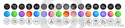 Deckchair, Smile face and Baggage cart line icons. For web app, printing. Round icon buttons. Vector Vector Illustration
