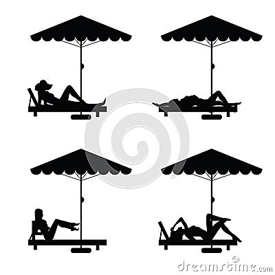 Deckchair and umbrella with woman on it illustration Vector Illustration