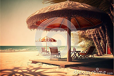 Deckchairs and parasols on sunny beach, created using generative ai technology Stock Photo