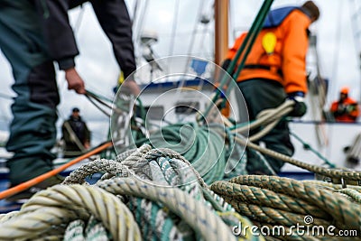 deckhands coiling ropes on a sailing boat deck Stock Photo