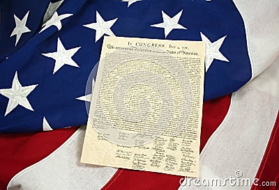 Declaration of Independence on American Flag, Horizontal Stock Photo