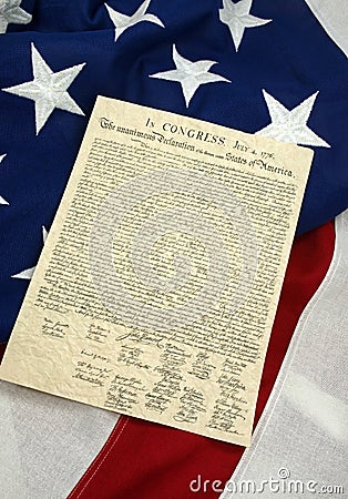 Declaration of Independence on American Flag, Vertical Stock Photo