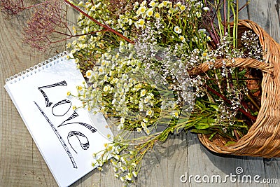 Declaration of love. A wicker basket with wildflowers and an inscription on the notebook Love. The word is written on a white Stock Photo