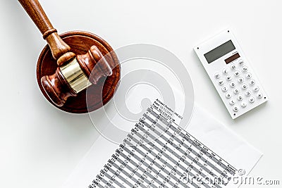 Declare bankruptcy concept. Judge gavel, financial documents, calculator on white background top view Stock Photo