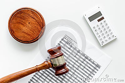 Declare bankruptcy concept. Judge gavel, financial documents, calculator on white background top view Stock Photo