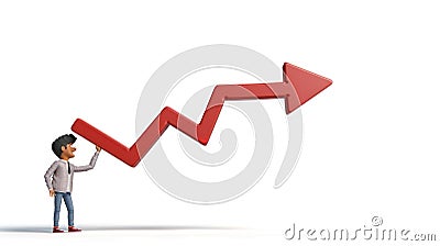 Decline Concept: Cartoon Character Holding Large Red Arrow Pointing Down Isolated on White Background - 3D Rendering Stock Photo