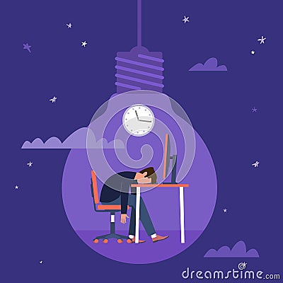 Decline. Creative crisis, sad man sitting at computer at night light bulb on background, successful idea development Vector Illustration