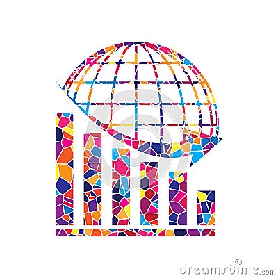 Declining graph with earth. Vector. Stained glass icon on white Vector Illustration