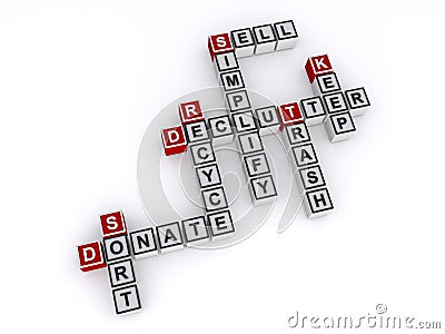 Declutter simplify trash sell donate word block on white Stock Photo