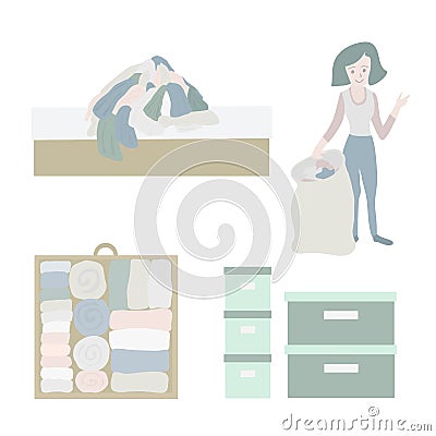 Declutter and Tidy up concept vector icon set. Closet organization illustration. Woman with bag decluttering and tidying her Vector Illustration