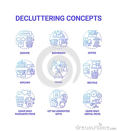 Decluttering blue gradient concept icons set Vector Illustration