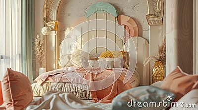 Deco Dreams A whimsical podium image showcasing an ethereal Art Deco bedroom complete with ornate accents soft pastel Stock Photo