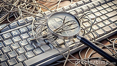 Decoding the Digital Frontier A Modern Keyboard Under Scrutiny with a Magnifying Glass on the Enter Key Stock Photo