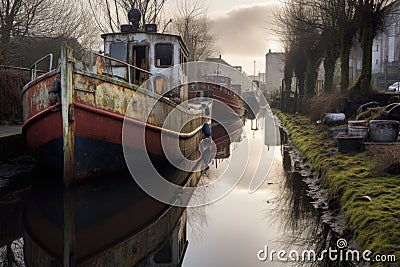 decommissioned boats moored at run-down dock Stock Photo