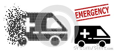 Decomposed Pixelated Medical Emergency Car Icon and Textured Emergency Stamp Vector Illustration