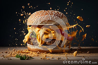 Deconstruction of a cheeseburger, Burger explosion, Stock Photo
