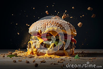 Deconstruction of a cheeseburger, Burger explosion, Stock Photo