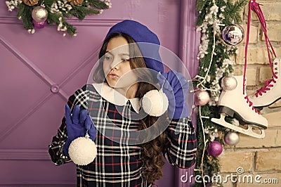 Decor accessory. Christmas party. Cheerful girl having fun christmas eve. Child believe in miracle. Girl little kid hold Stock Photo