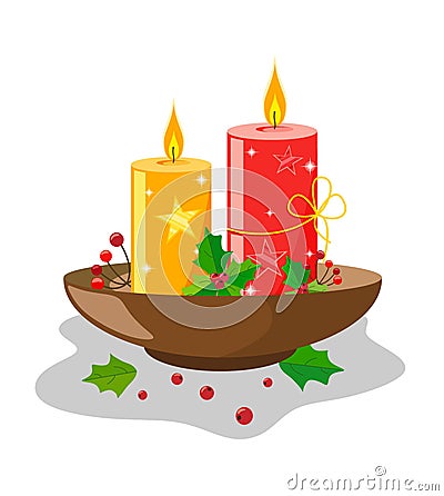 Decor of candles for Christmas and the new year in a stand with leaves and berries of holly. With stars and brilliance Vector Illustration