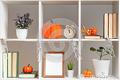 Decor house interior decoration for Halloween. Book shelves flower pots pumpkins Stock Photo