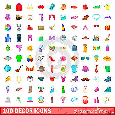 100 decor icons set, cartoon style Vector Illustration