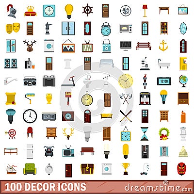 100 decor icons set, flat style Vector Illustration