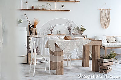 The decor of the kitchen in the Scandinavian style. Rustic kitchen interior in bright colors and copy space Stock Photo