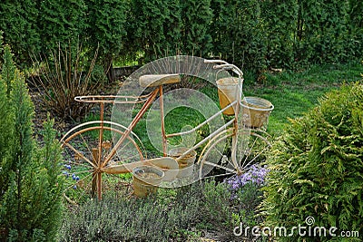 The decor of an old brown metal bike stands in the green grass and coniferous bushes Stock Photo