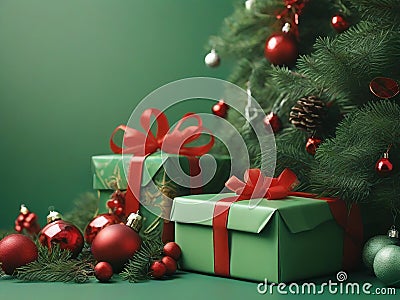 Decorate the Christmas tree with green-toned gift boxes. Stock Photo