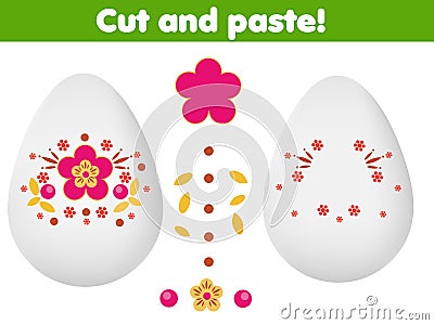 Decorate Easter egg with glue and scissors. Cut and paste children educational game. Stickers activity for toddlers Vector Illustration